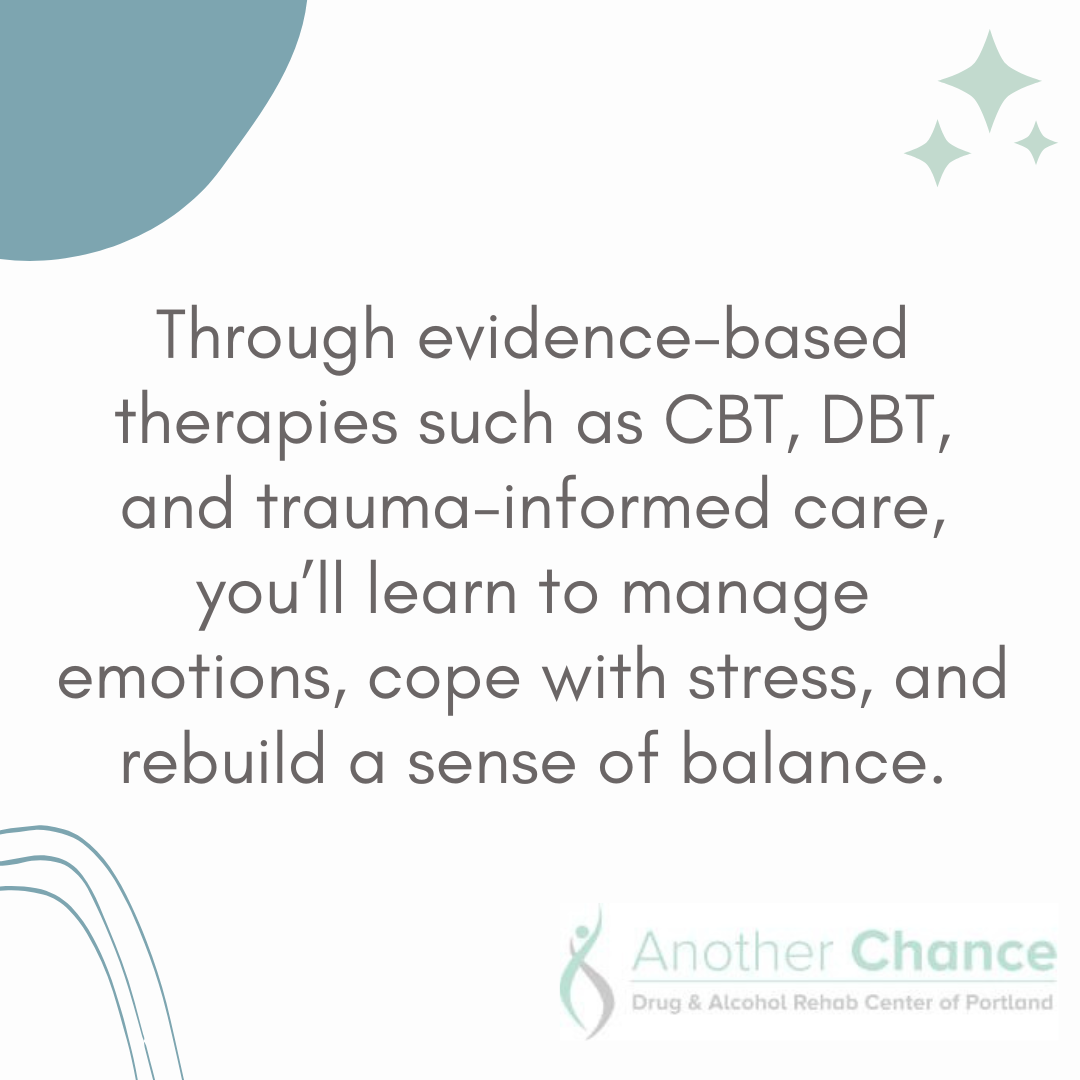 Text graphic highlighting evidence-based therapies like CBT, DBT, and trauma-informed care for addiction recovery. Branded with Another Chance Drug & Alcohol Rehab Center of Portland