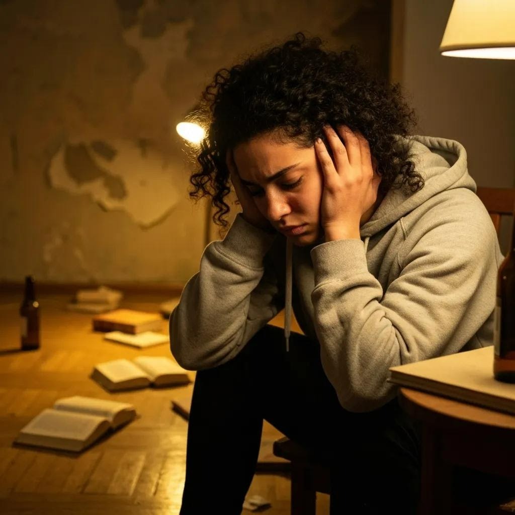 An individual displaying signs of distress and isolation, representing common behavioral signs of addiction