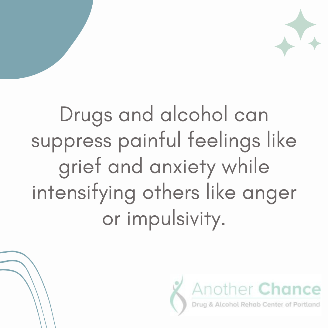 Graphic explaining that drugs and alcohol can suppress feelings like grief and anxiety while intensifying anger and impulsivity