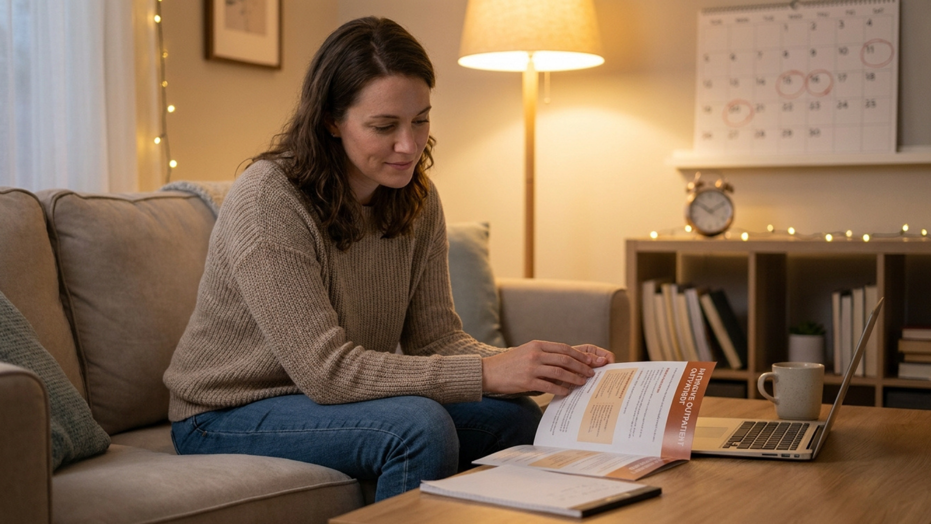  Person reviewing information about outpatient addiction treatment, comparing intensive outpatient and high intensity outpatient programs.