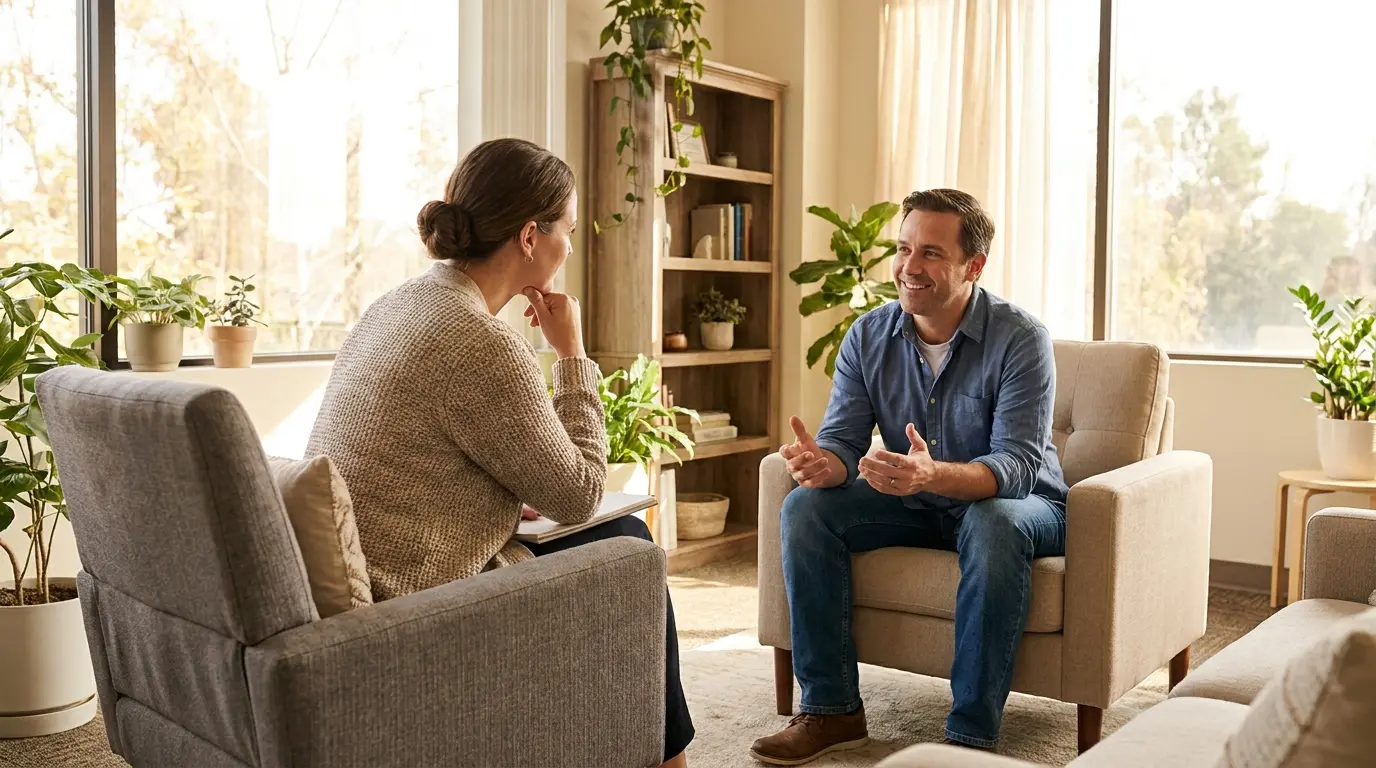 Therapist and client discussing the most appropriate level of outpatient addiction care.