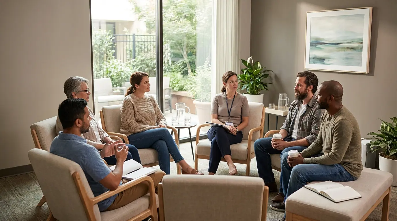 People participating in a high intensity outpatient addiction treatment group led by a licensed therapist.