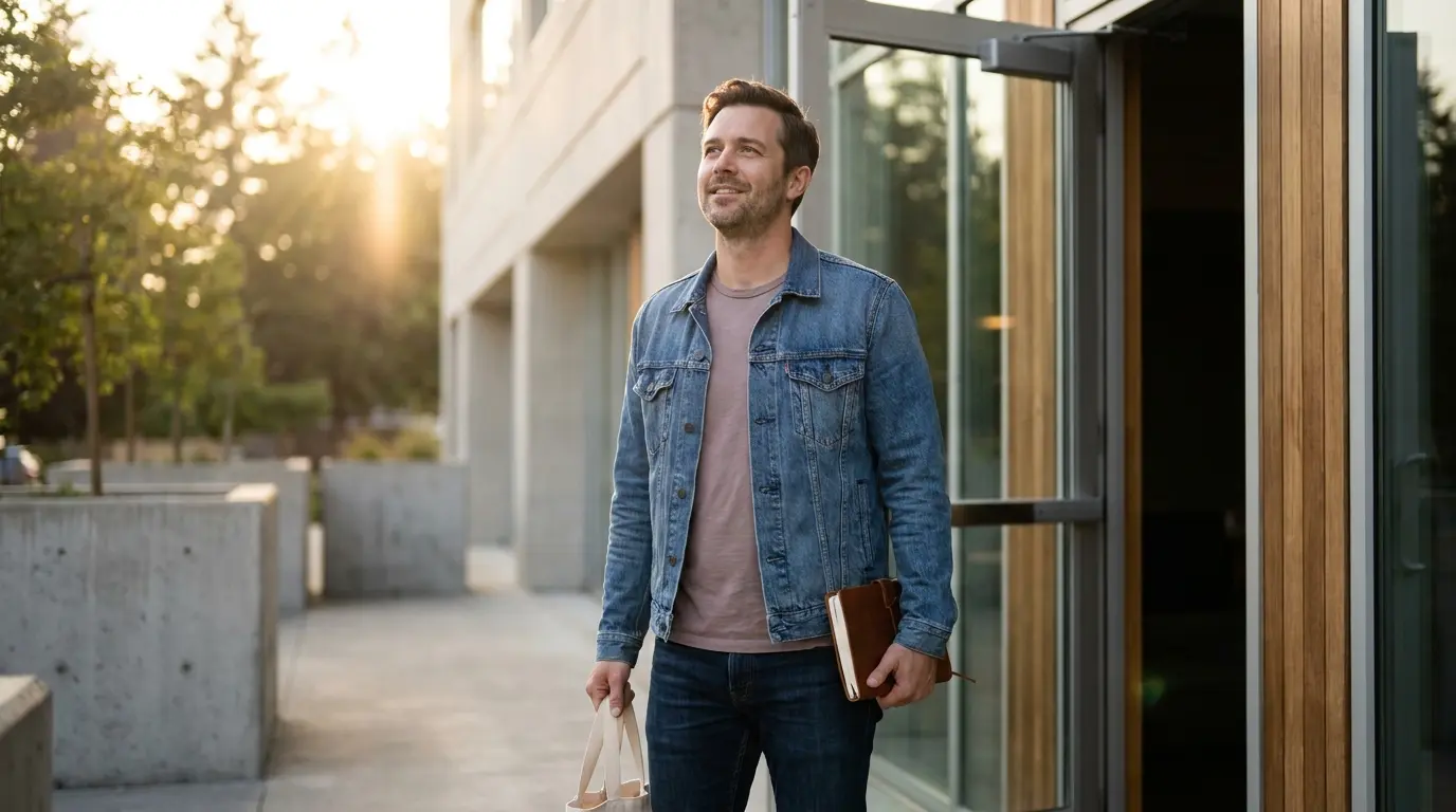 A man leaves a treatment center holding a journal, reflecting progress and hope in recovery.
