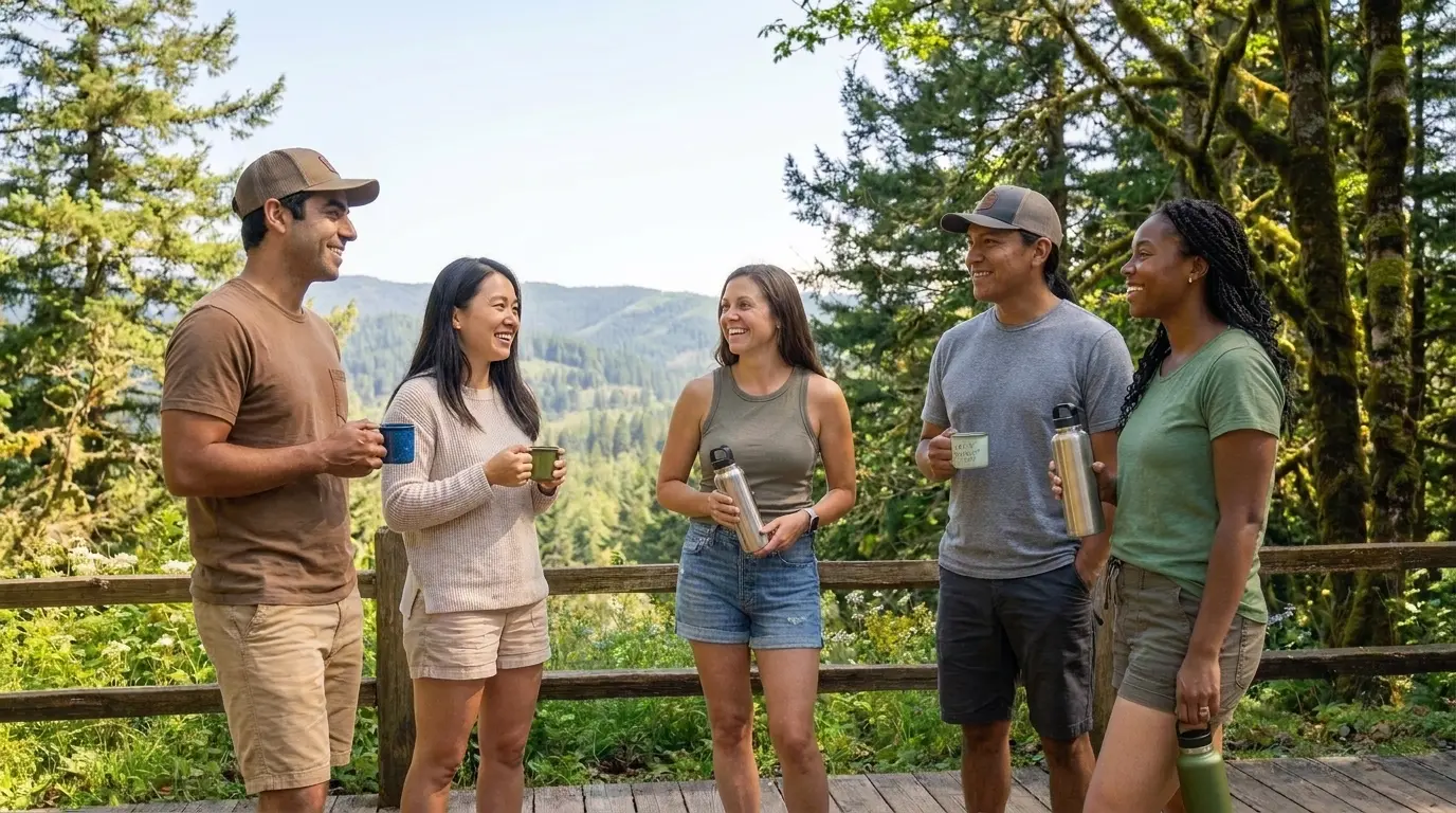  A diverse group of friends connects outdoors while supporting one another in recovery.