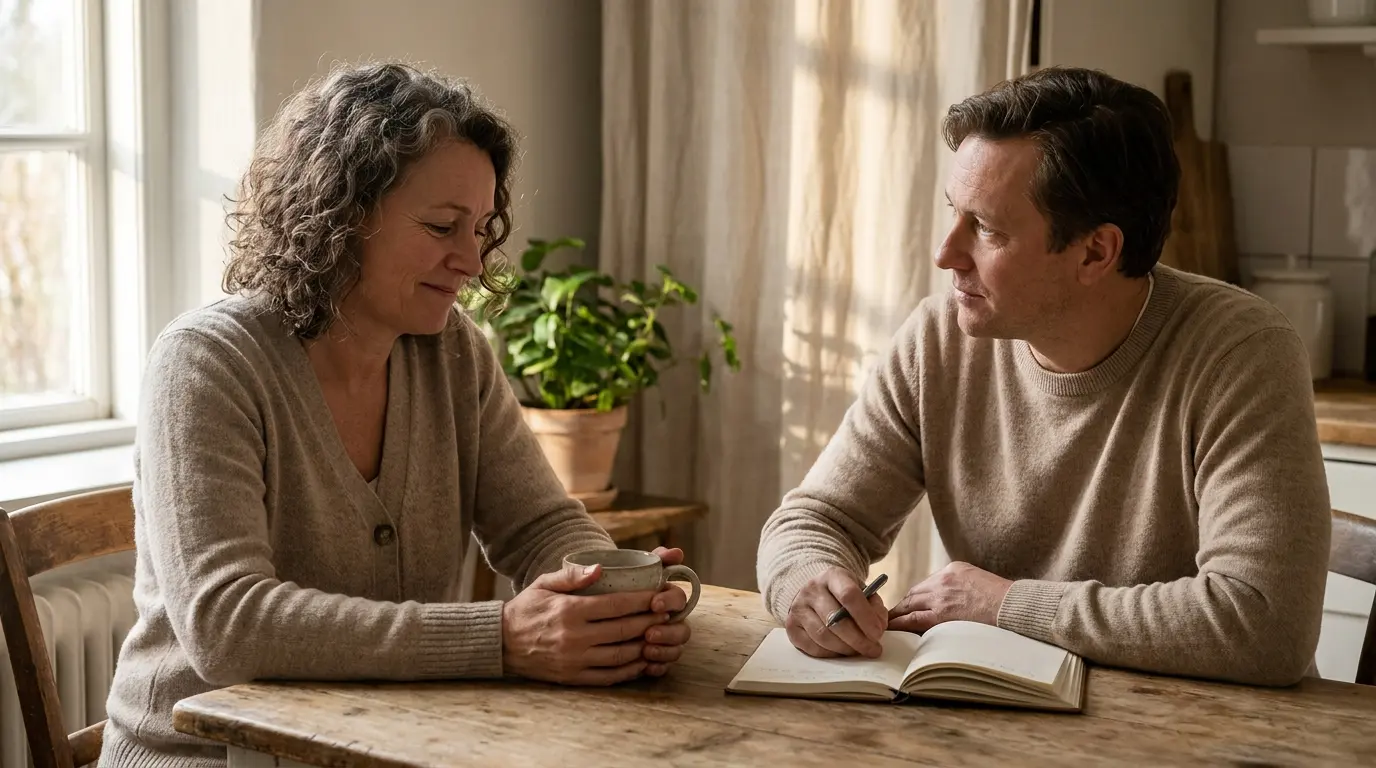 A man listens compassionately to a family member while taking notes during a supportive conversation at home.