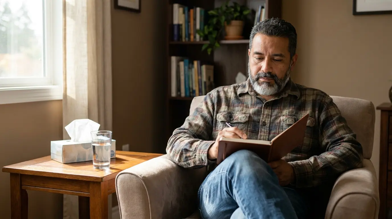 A man journals during a quiet moment of self-care while supporting a loved one in rehab.