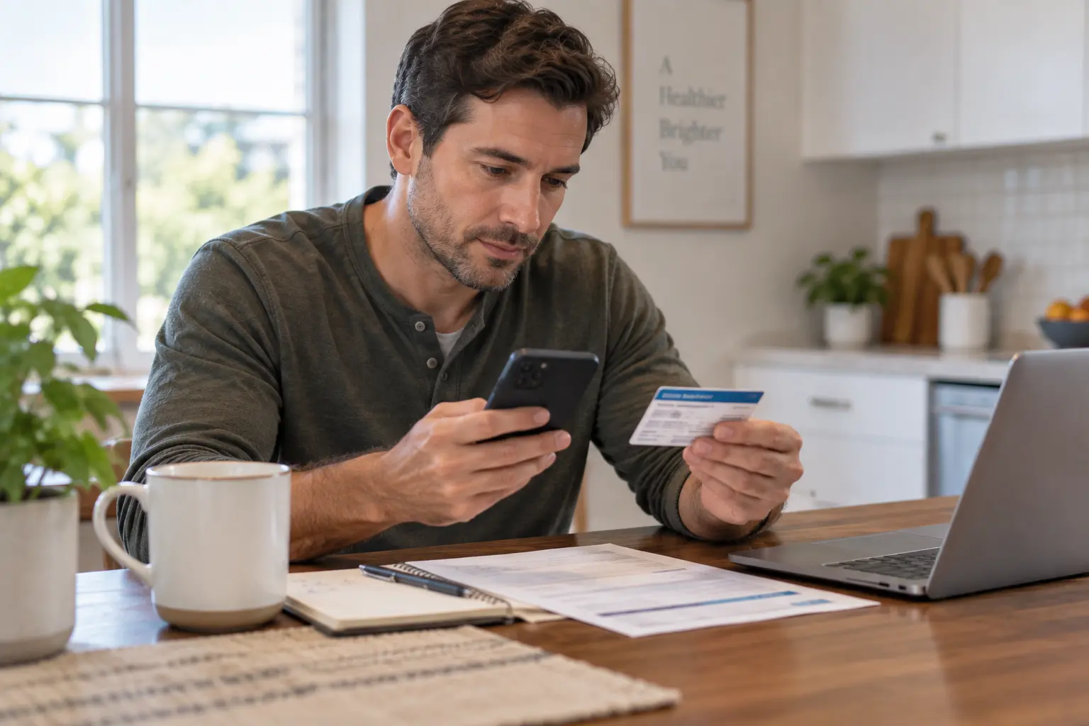 A man reviews an insurance card and phone at a kitchen table while researching coverage