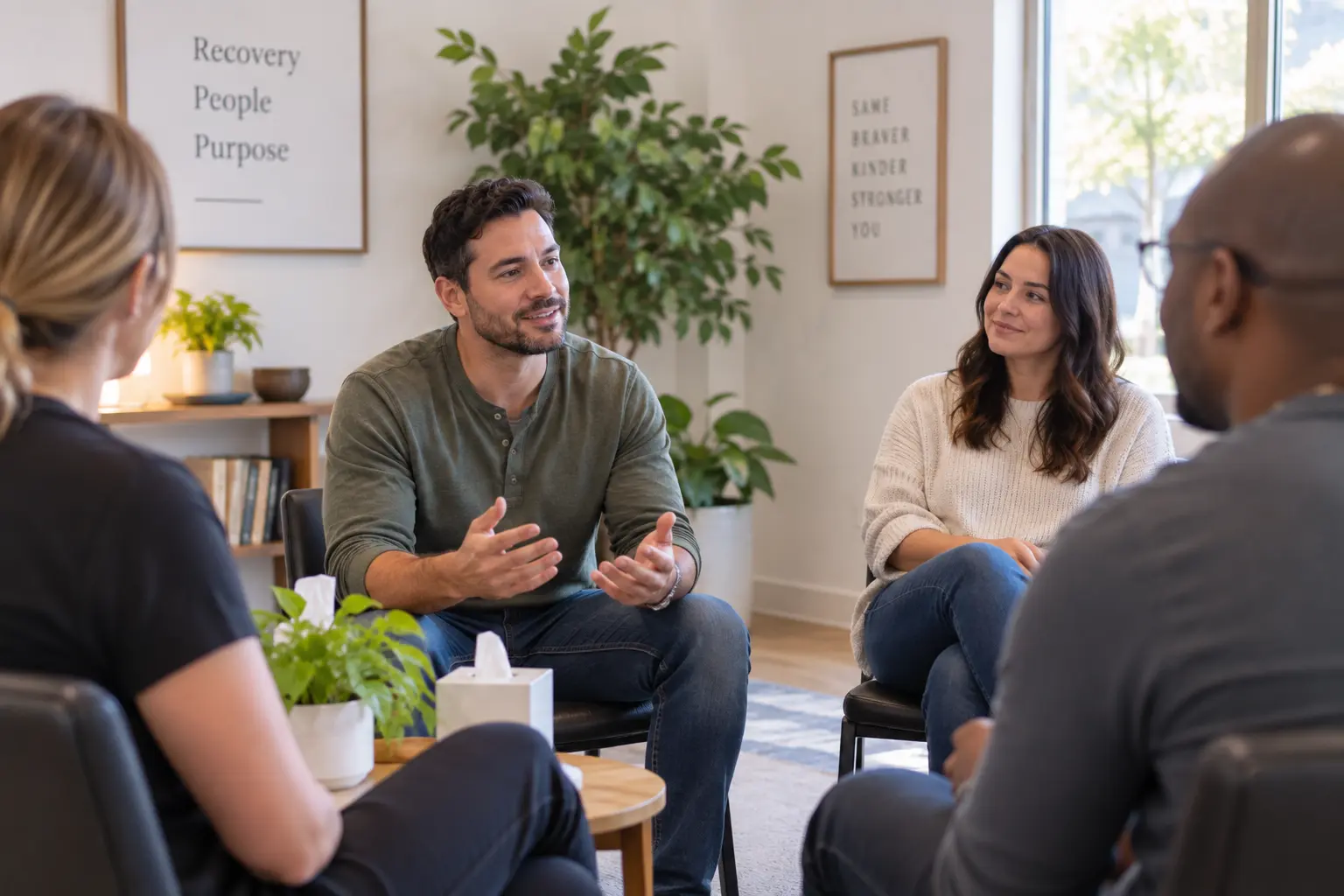 A small group sits together in a bright, casual group therapy room