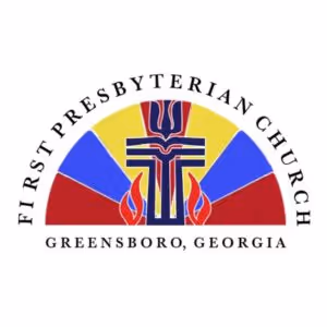Logo of First Presbyterian Church Greensboro, Georgia featuring a stylized cross with flames and colorful background segments.