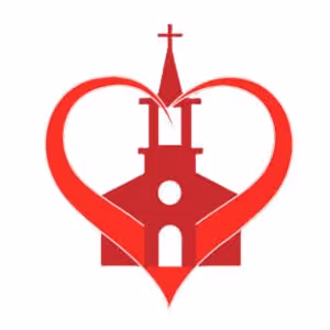 Red church silhouette with a steeple and cross inside a heart shape.