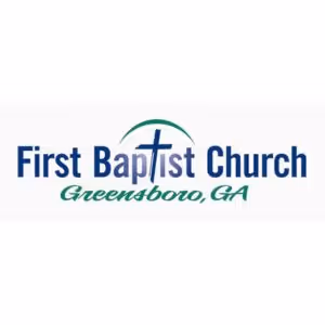 Logo of First Baptist Church Greensboro, GA, featuring a stylized cross integrated in the text.