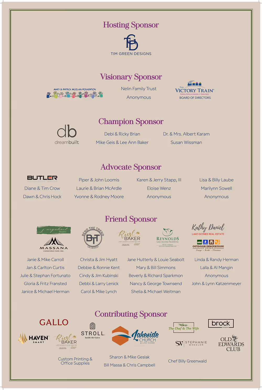 Sponsor recognition board listing Hosting, Visionary, Champion, Advocate, Friend, and Contributing Sponsors with corresponding logos and names.