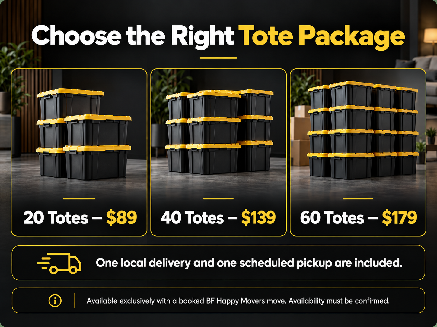 BF Happy Movers moving tote rental package with 20, 40 and 60 tote options in Pensacola, Florida