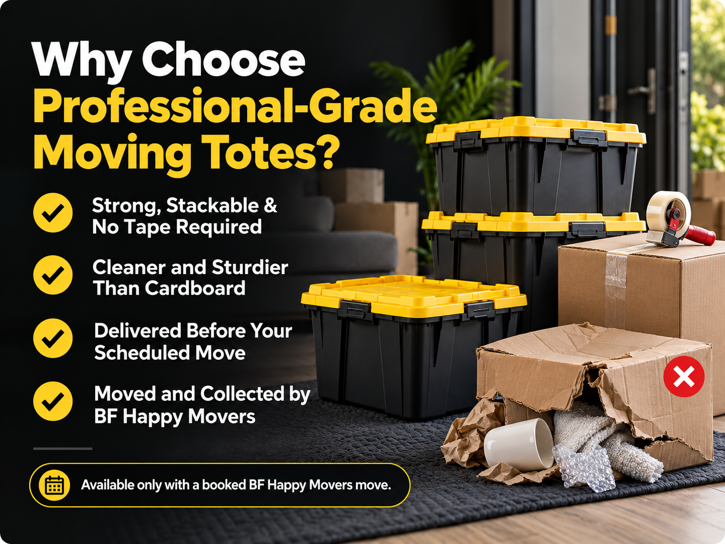 Professional - grade moving totes, compared with taped and damaged cardboards boxes for a BF happy movers move