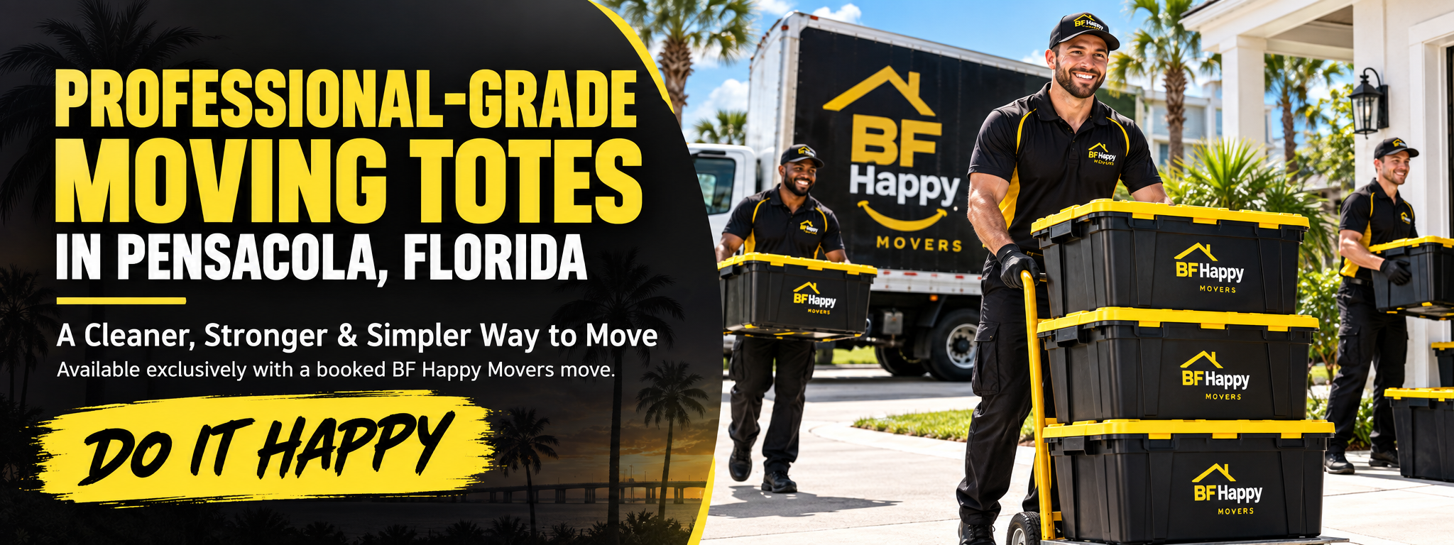 BF Happy Movers professional - grade moving totes with yellow lids in Pensacola, Florida