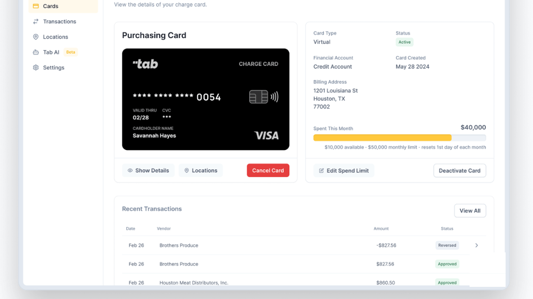 Tab card dashboard showing a monthly spend limit, spend controls, and recent food-vendor transactions