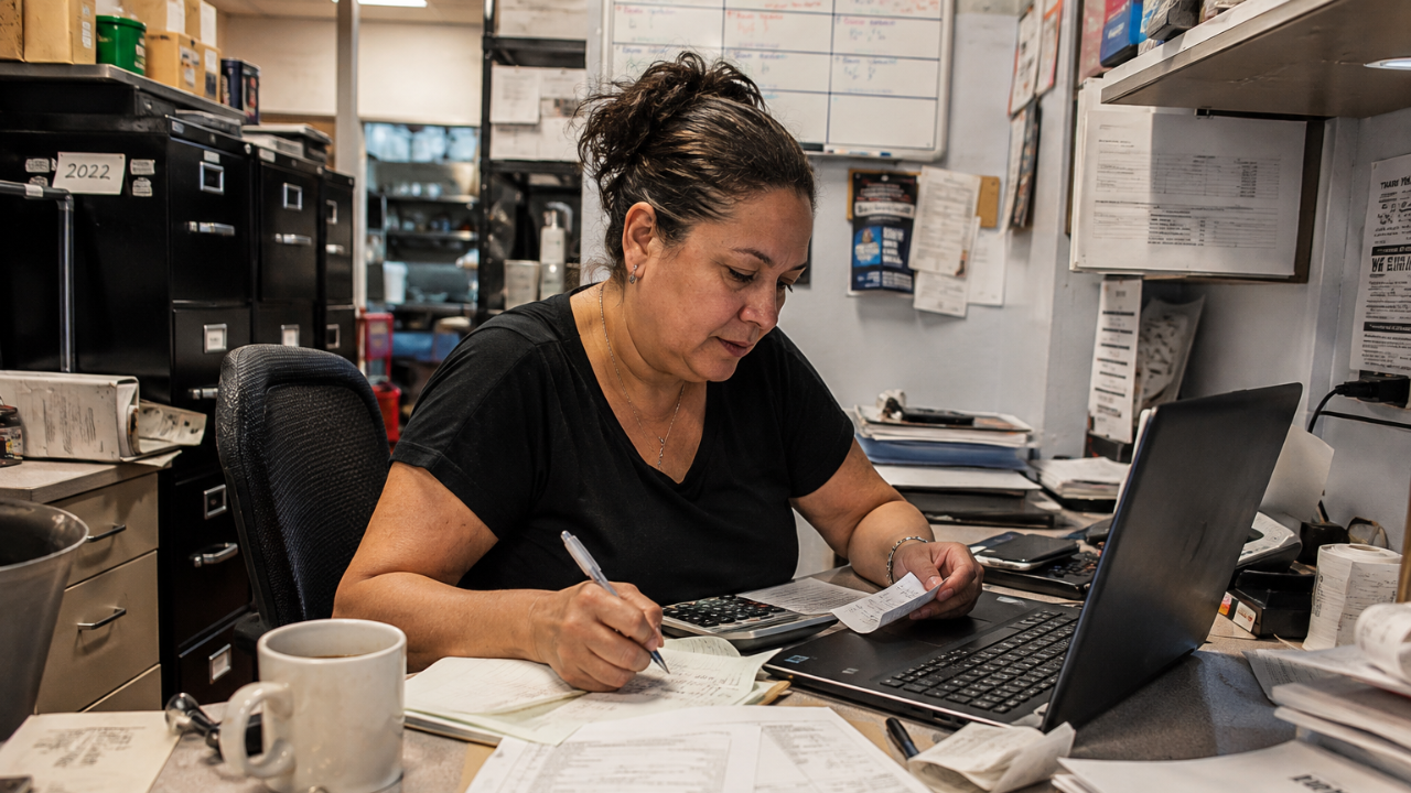 A restaurant manager reviewing an invoice on the phone in the kitchen
