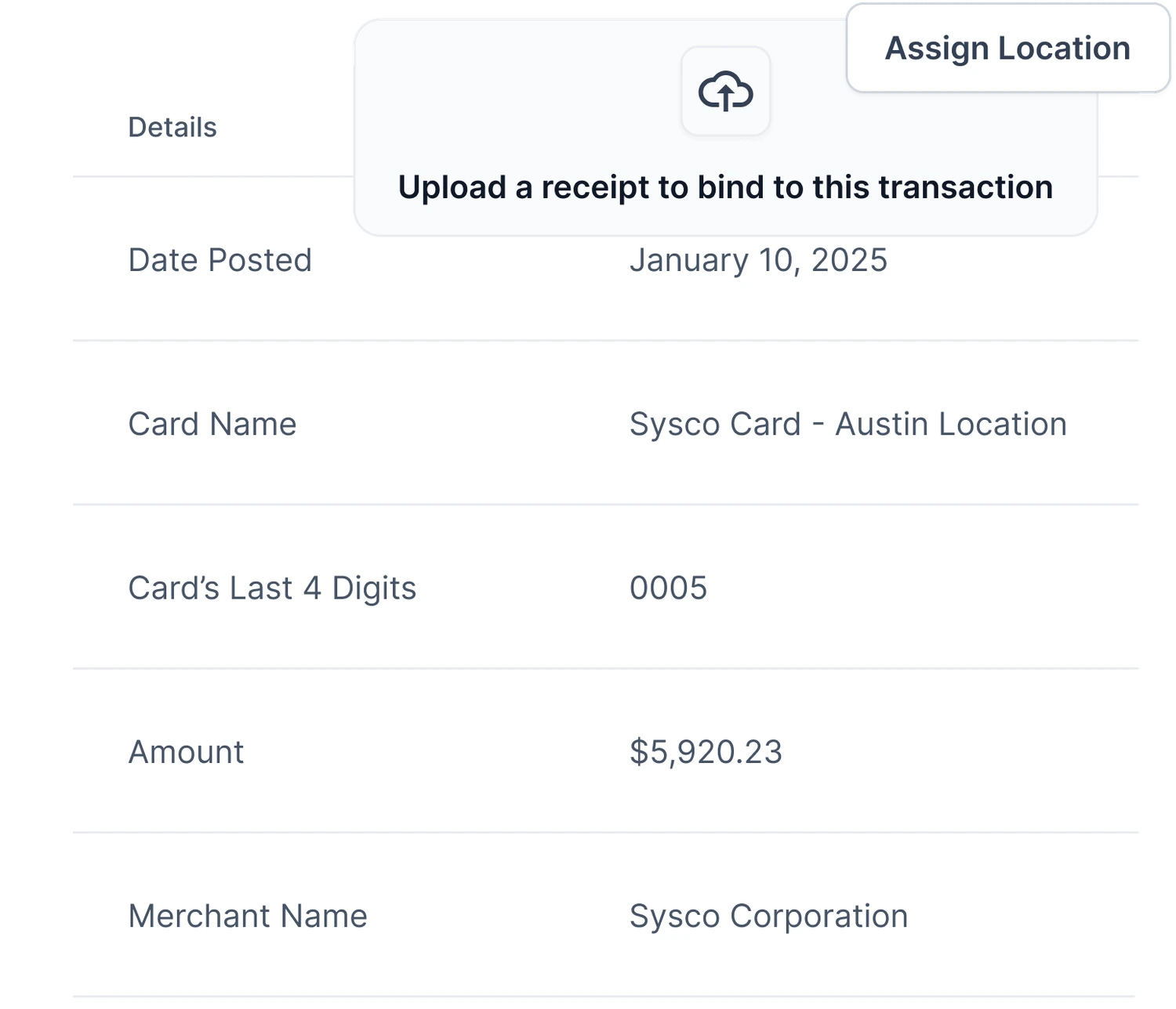 Tab transaction details with receipt upload prompt