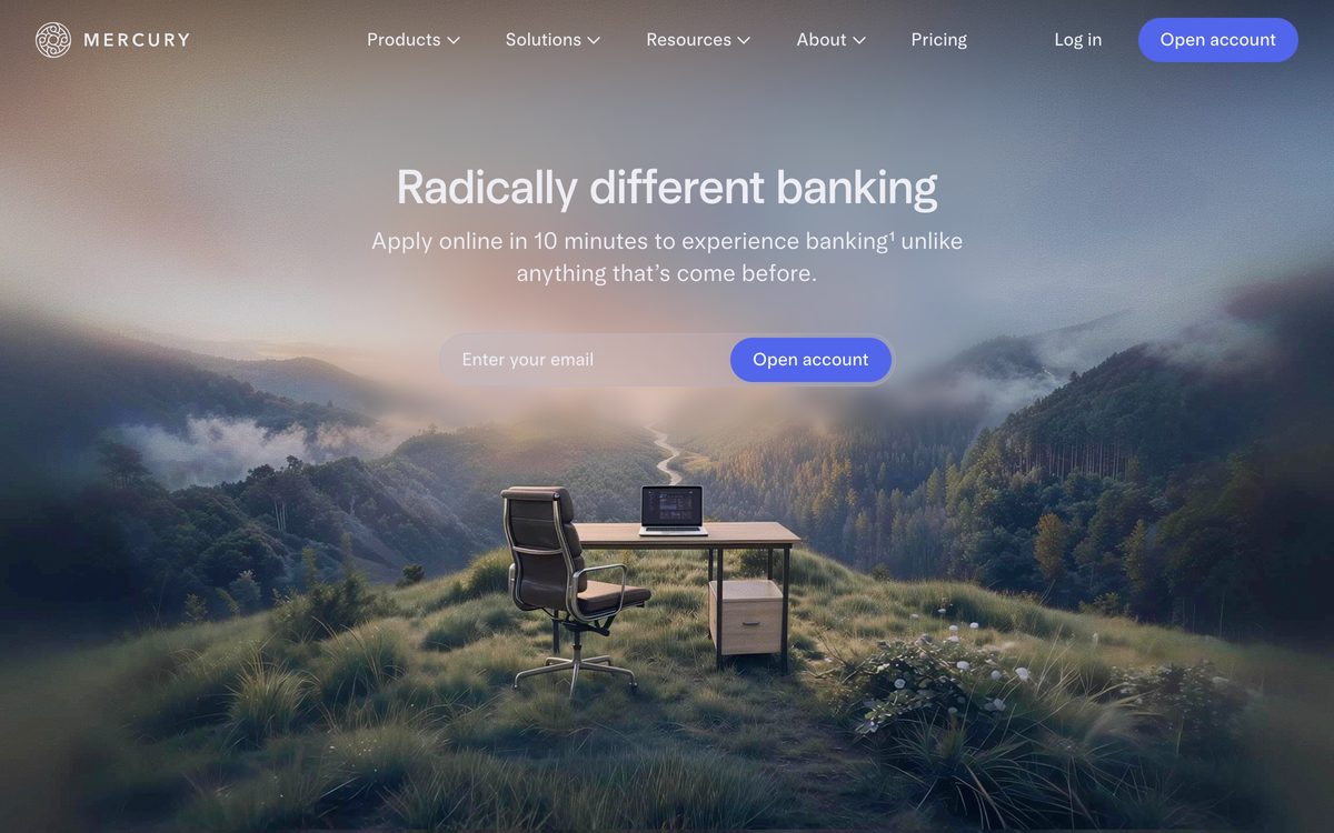 Mercury homepage showing the headline Radically different banking with a clean product interface