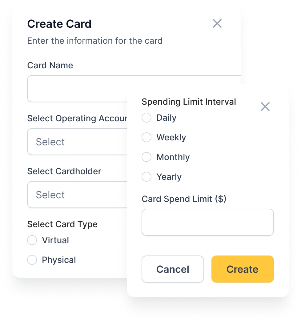 Tab create card screen with account, cardholder, and spend limit controls