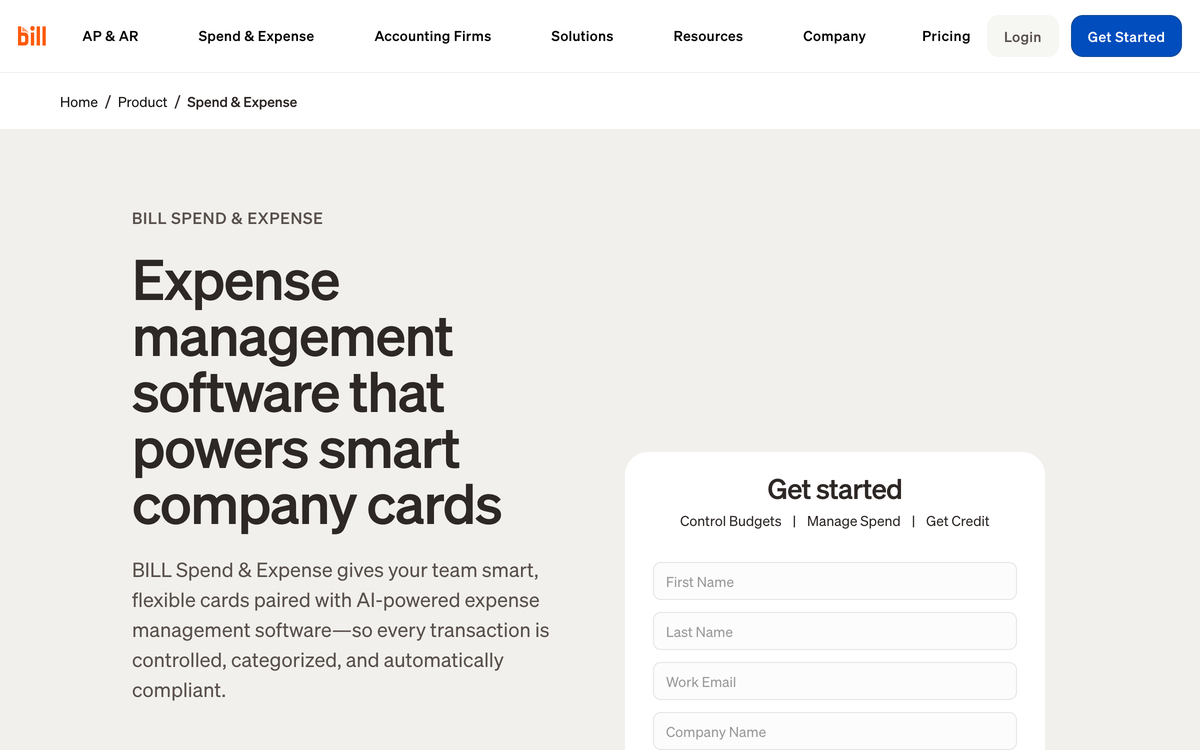 BILL Spend and Expense page showing expense management software that powers smart company cards