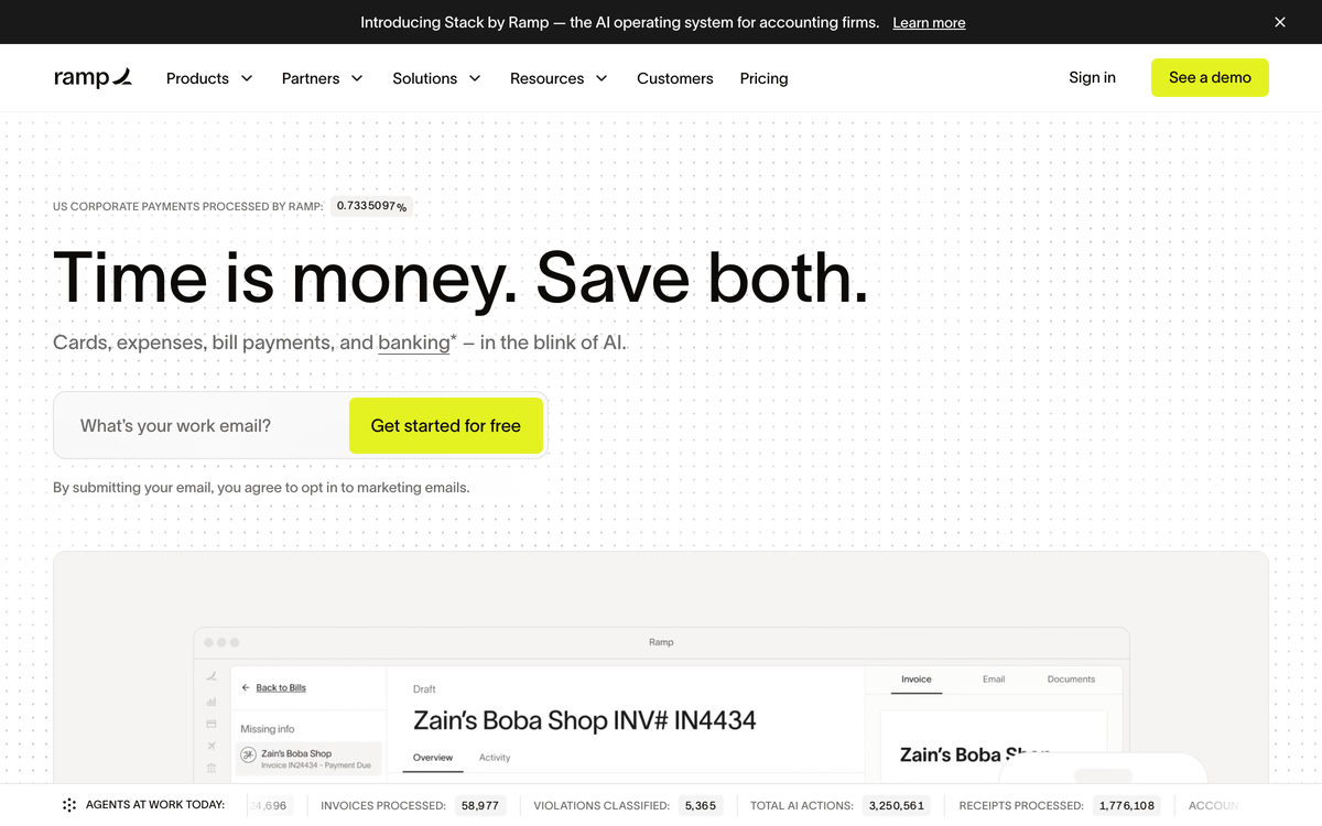 Ramp homepage showing the headline Time is money, save both, with the spend management product interface