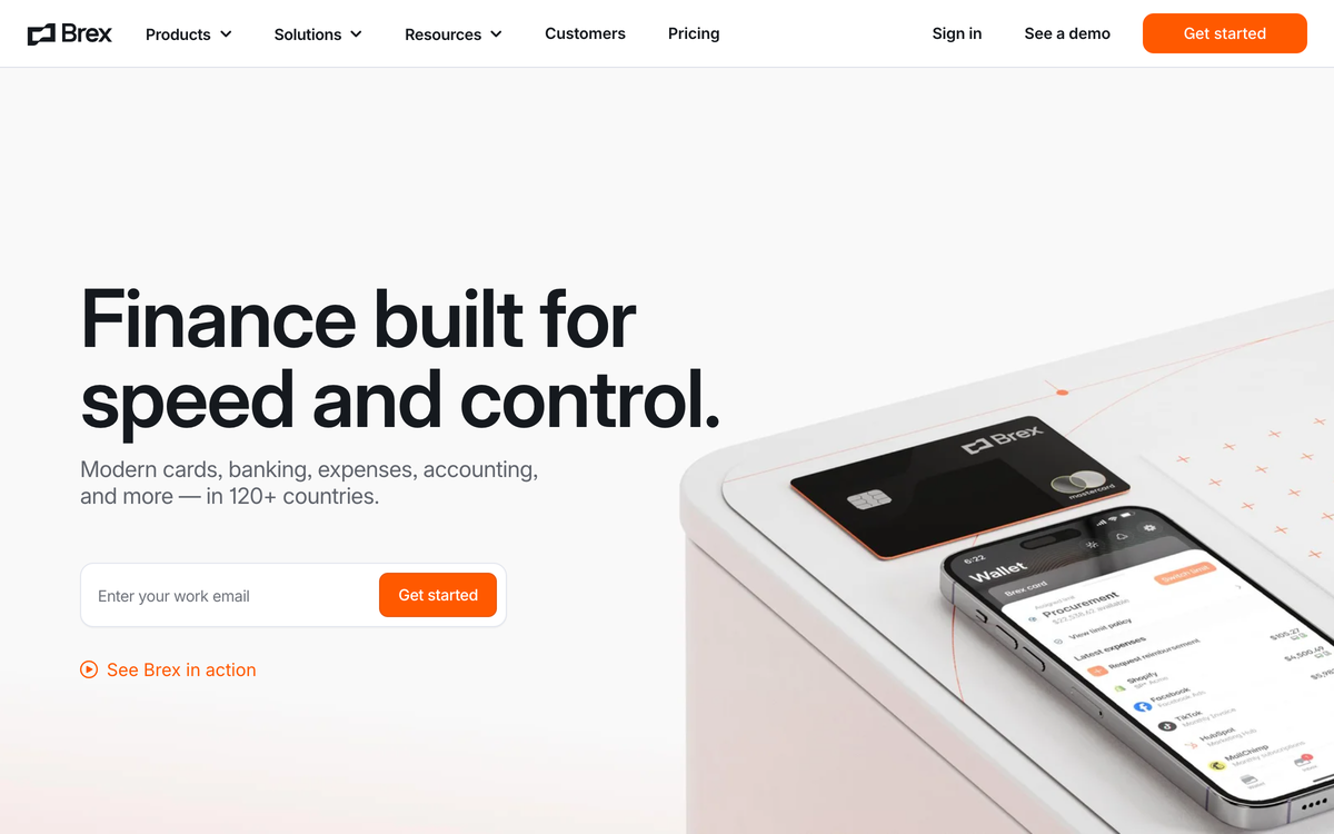 Brex homepage showing its corporate card, banking, and expense platform for startups