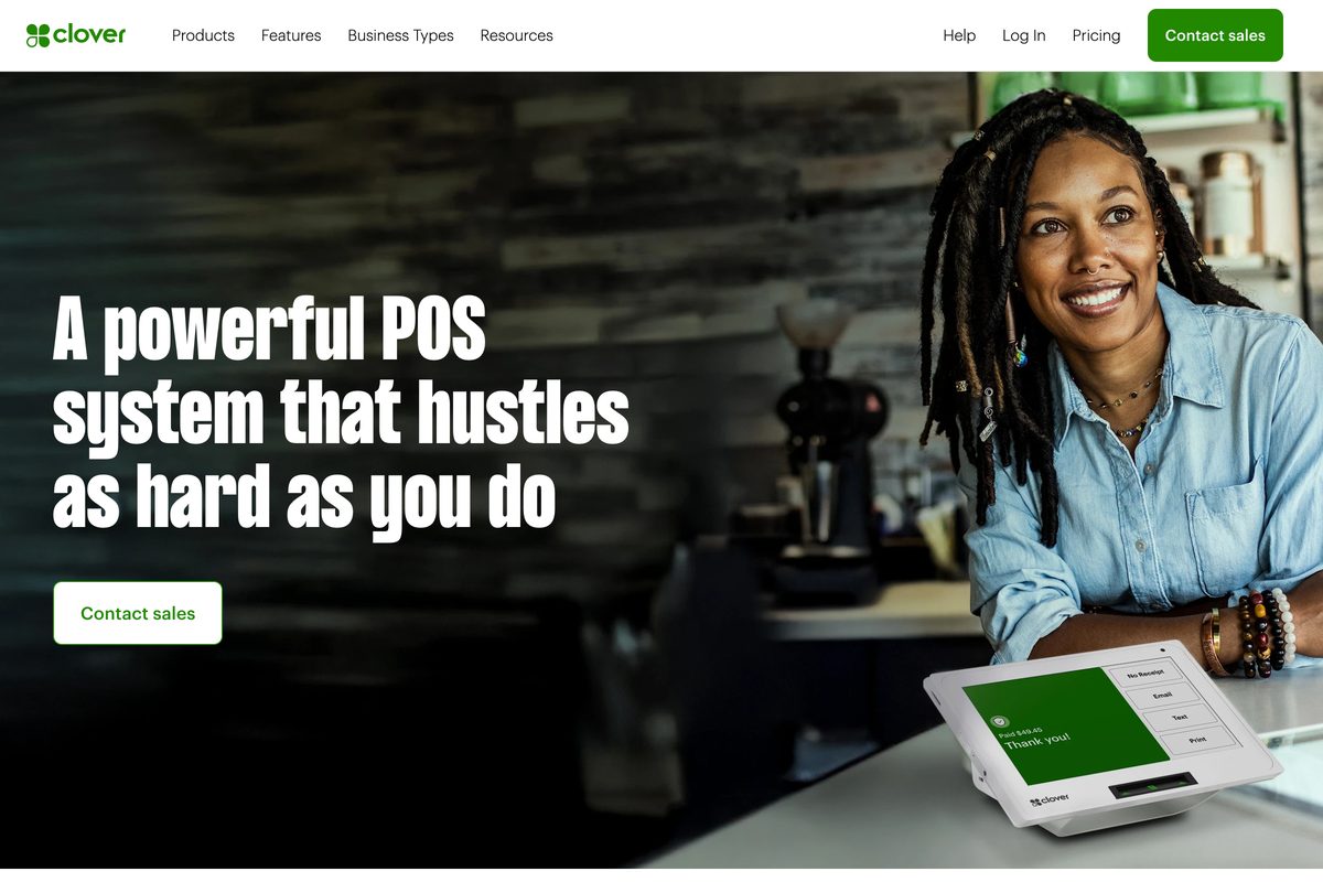 Clover restaurant POS page showing the point-of-sale hardware and software bundles