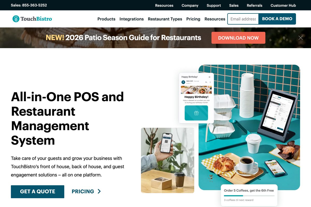 TouchBistro homepage showing the restaurant POS with table management and tableside ordering