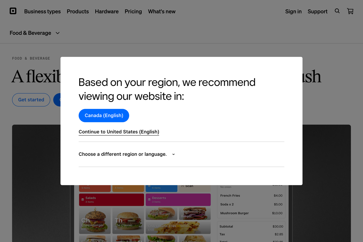Square for Restaurants product page showing the restaurant POS software and free plan
