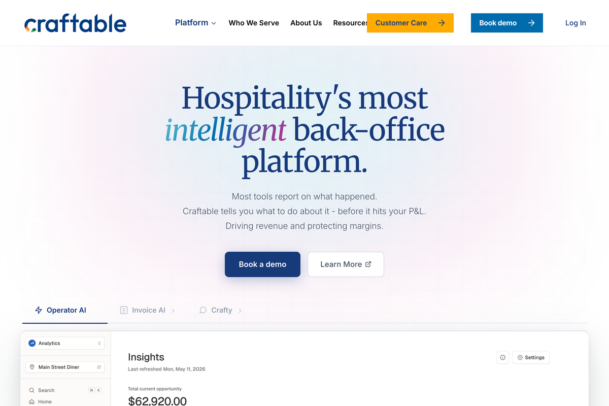 Craftable homepage showing its purchasing, inventory, and AP automation platform for restaurants, bars, and hotels
