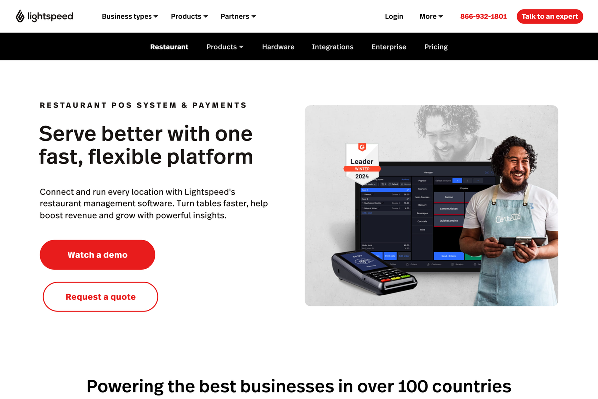 Lightspeed Restaurant product page showing the multi-location POS and reporting tools