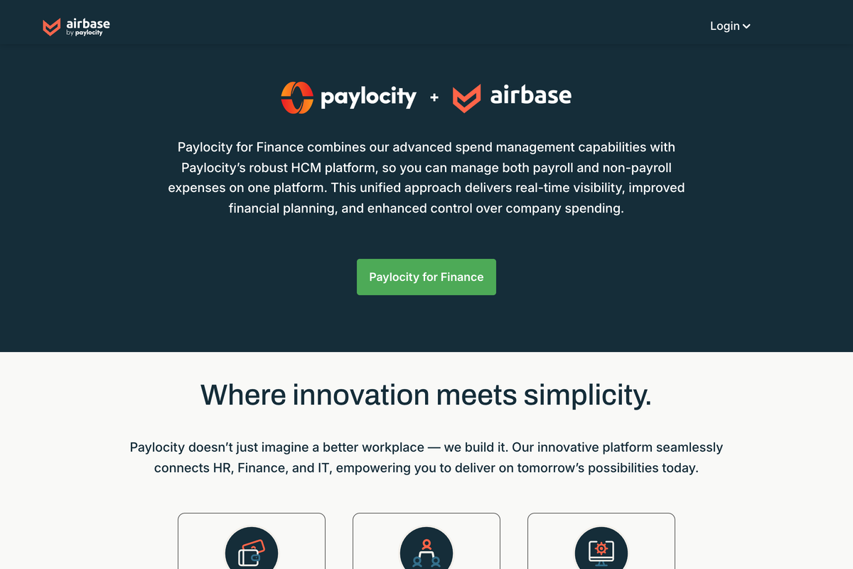 Airbase homepage showing the Airbase, a Paylocity Company lockup over its spend management platform
