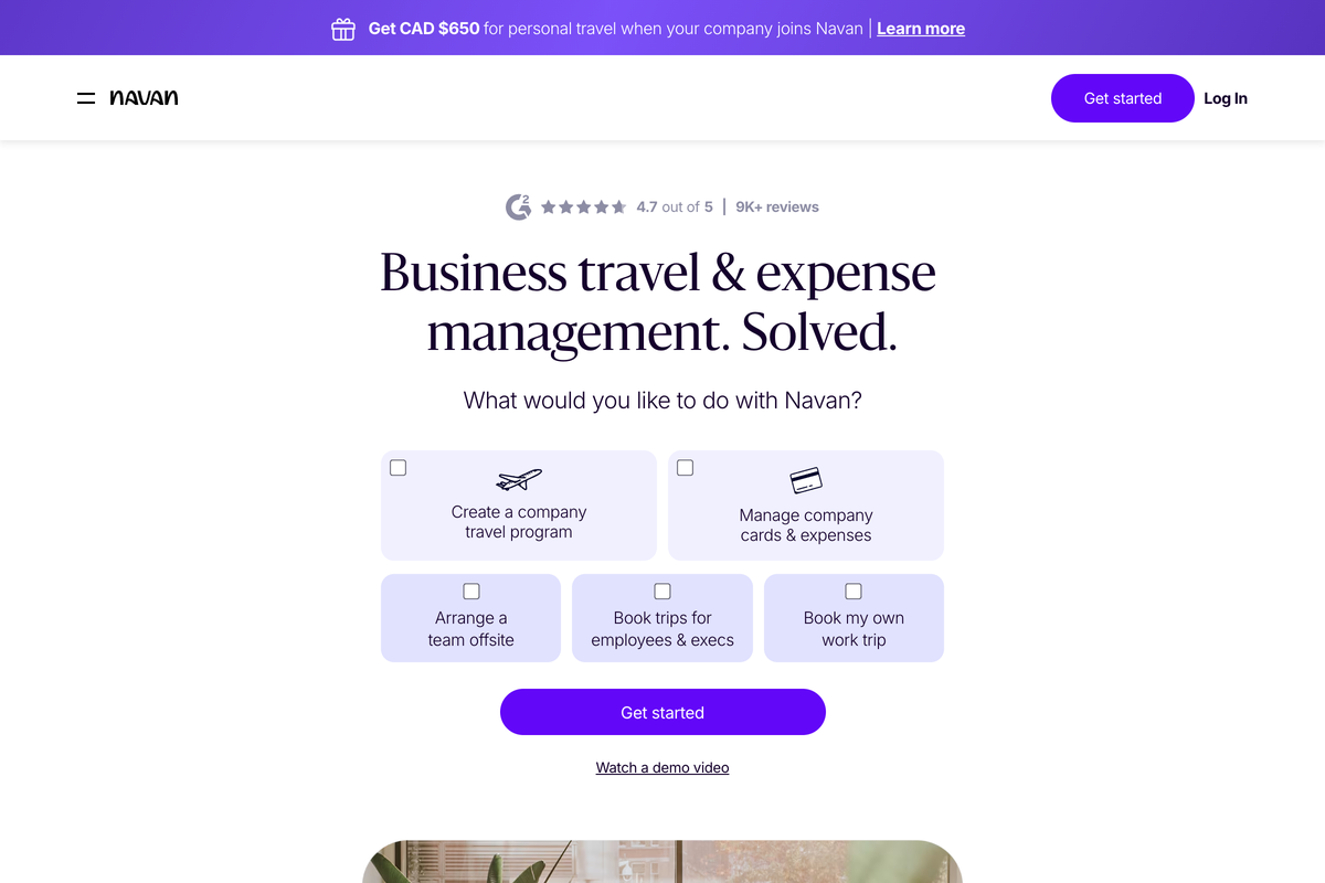 Navan homepage showing its combined corporate travel and expense management platform