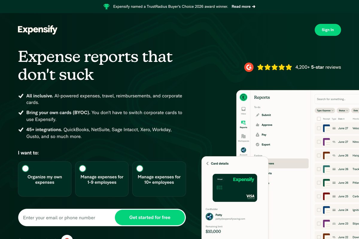 Expensify homepage showing its receipt and expense management software