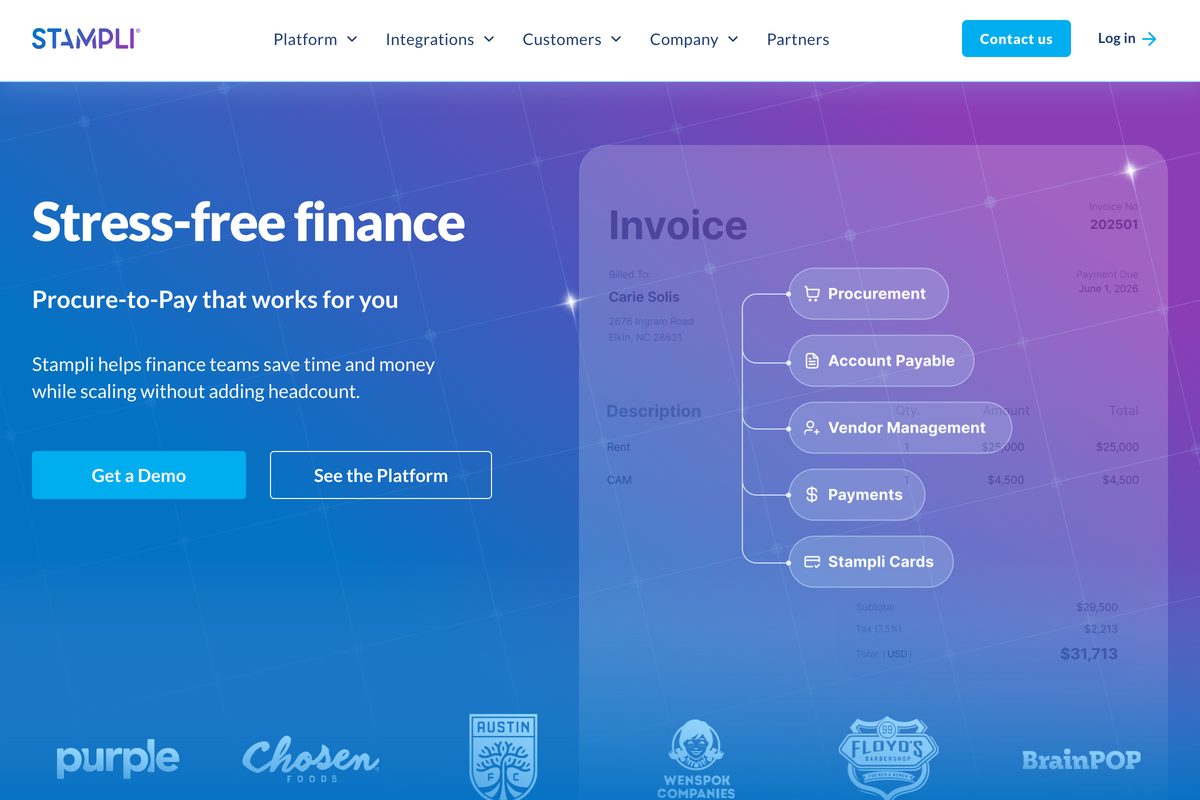 Stampli AP automation platform page showing invoice-centric accounts payable workflows