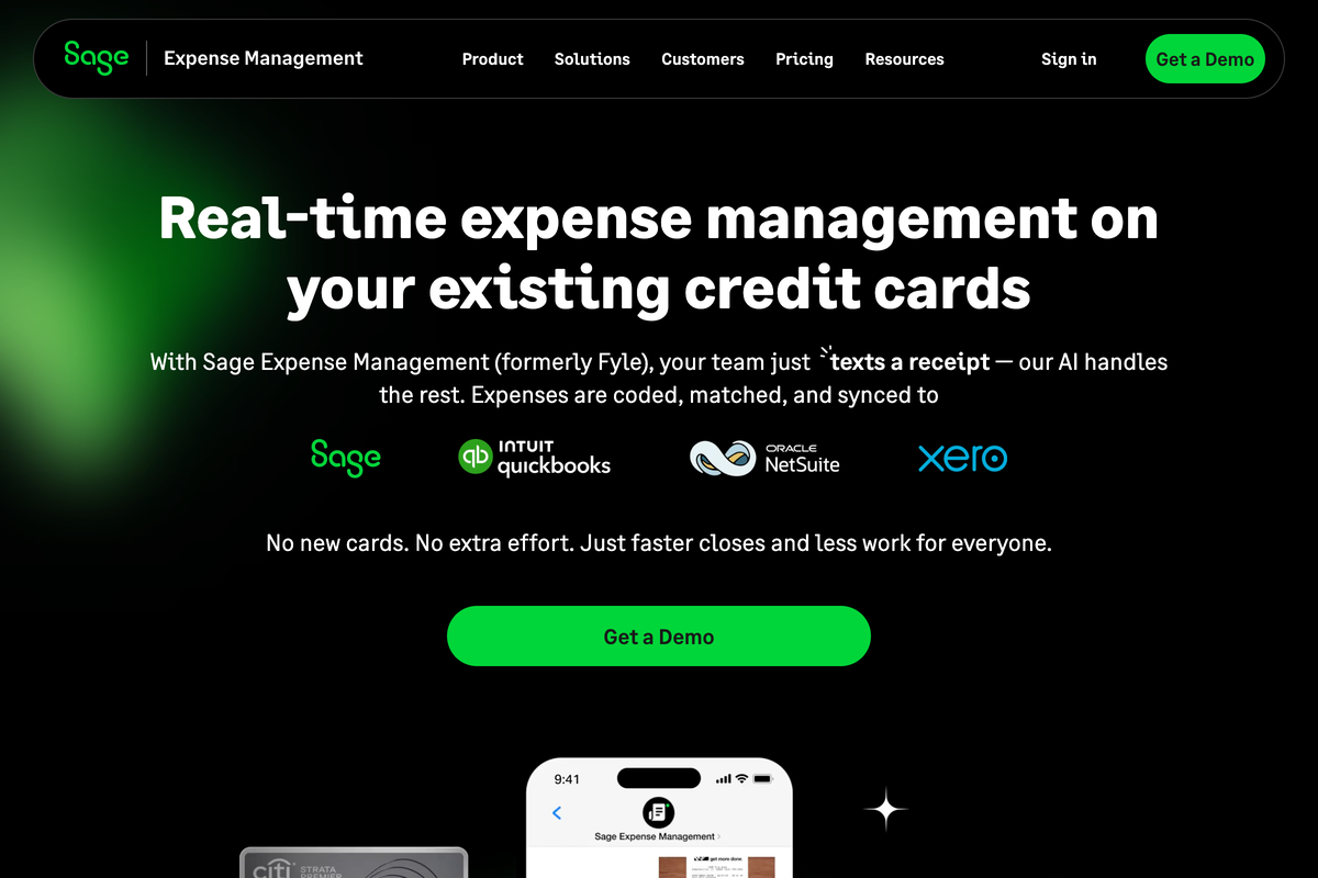 Sage Expense Management page showing real-time spend feeds on existing credit cards