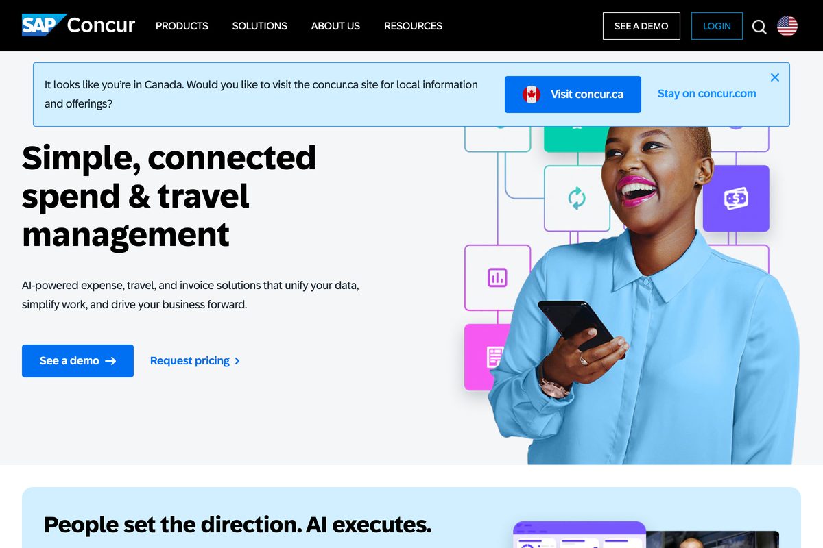 SAP Concur homepage showing its enterprise travel, expense, and invoice platform