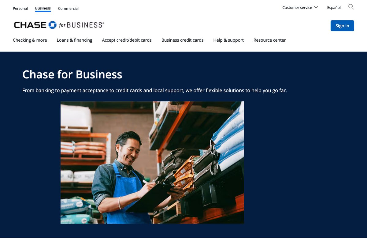 Chase Business Complete Banking page showing the traditional bank account with branch access