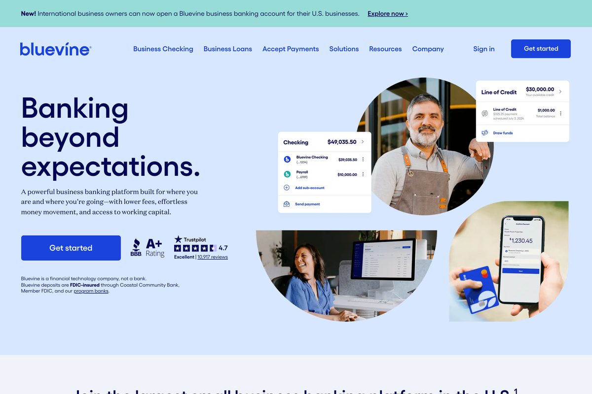 Bluevine business checking page showing interest-earning checking with no monthly fee