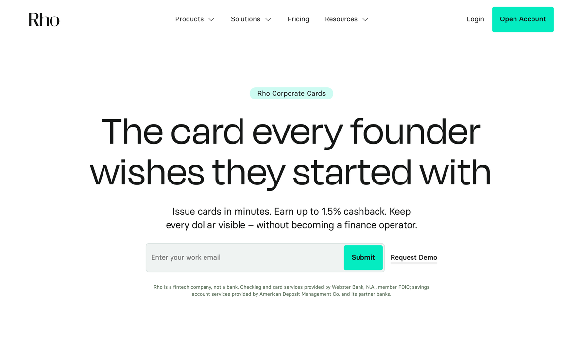 Rho corporate cards page showing the corporate card pitch and up to 1.5 percent cashback