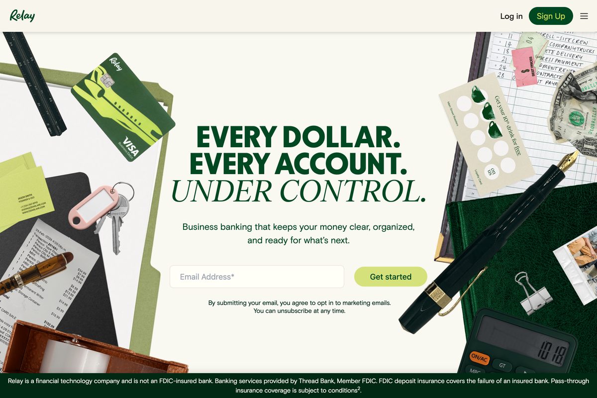 Relay business banking homepage showing multiple no-fee checking accounts for small businesses