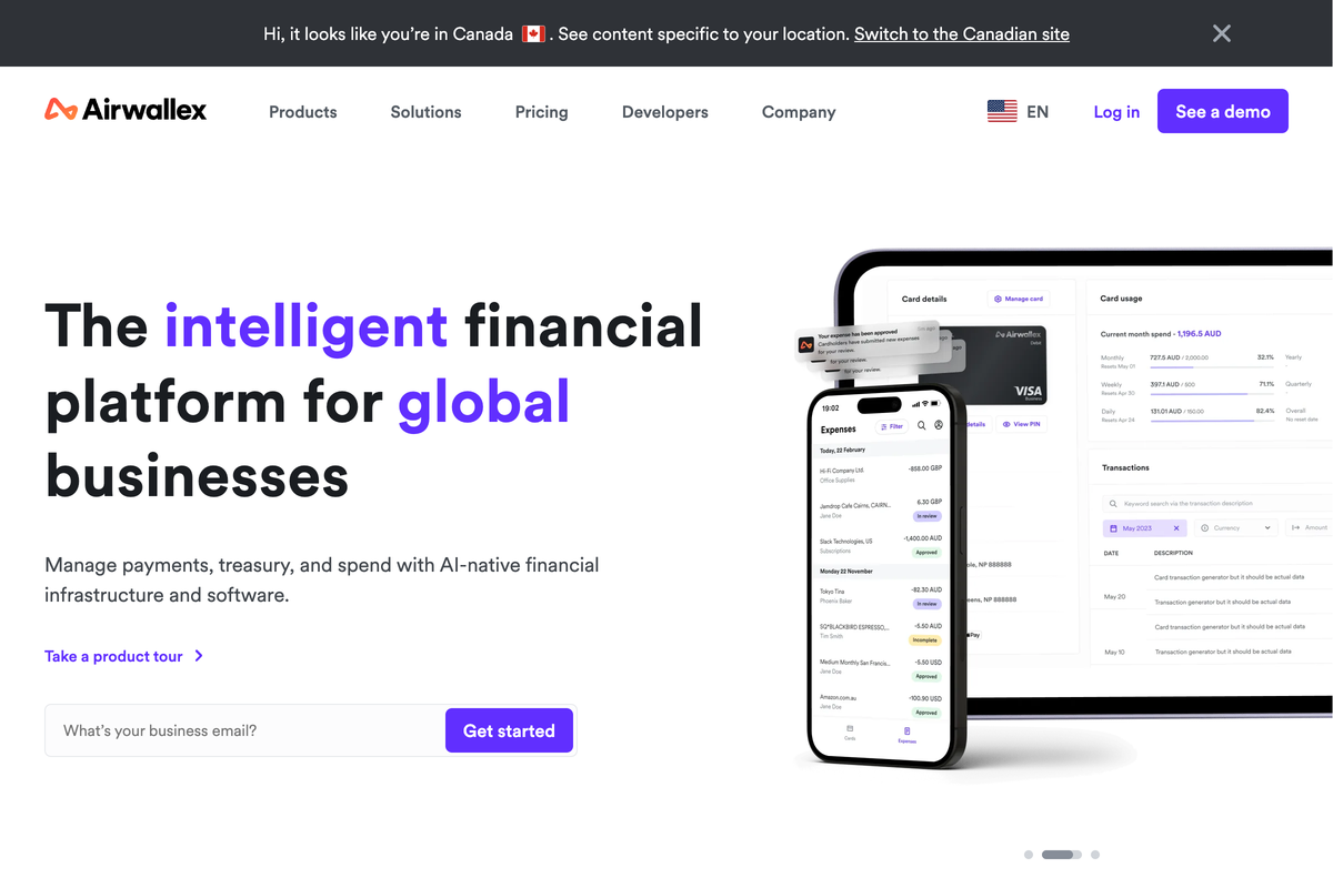 Airwallex homepage showing its multi-currency global business accounts and cards