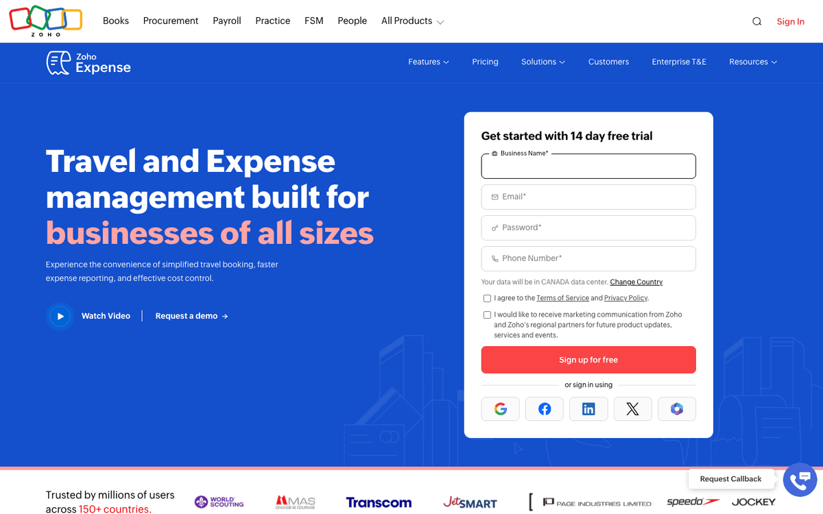 Zoho Expense homepage