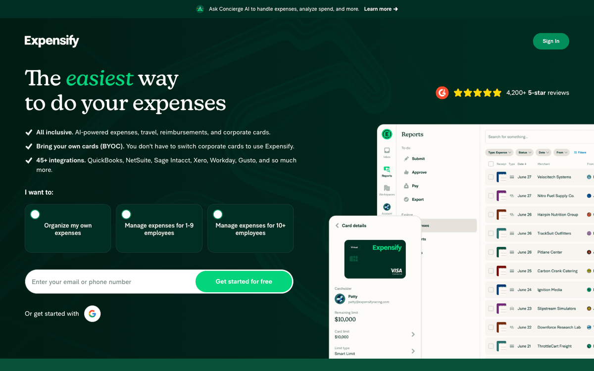Expensify homepage