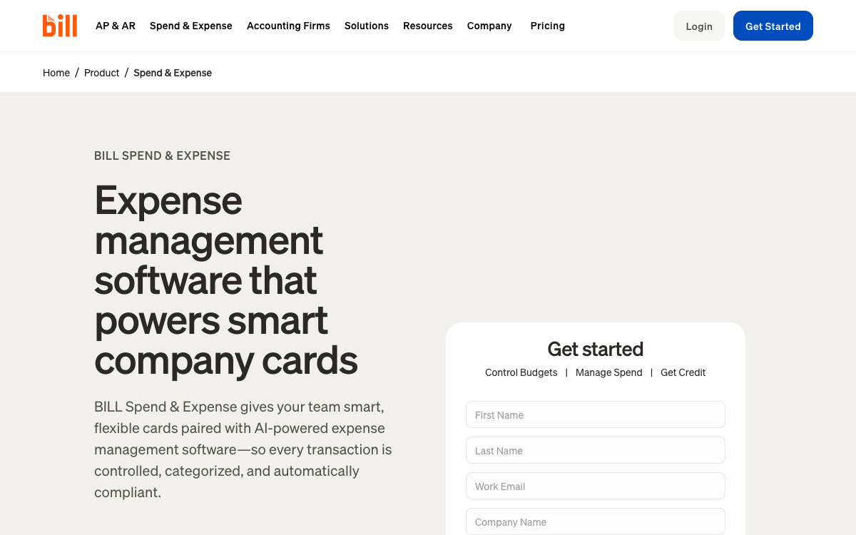 The BILL Spend and Expense product page, showing the corporate card and budget controls