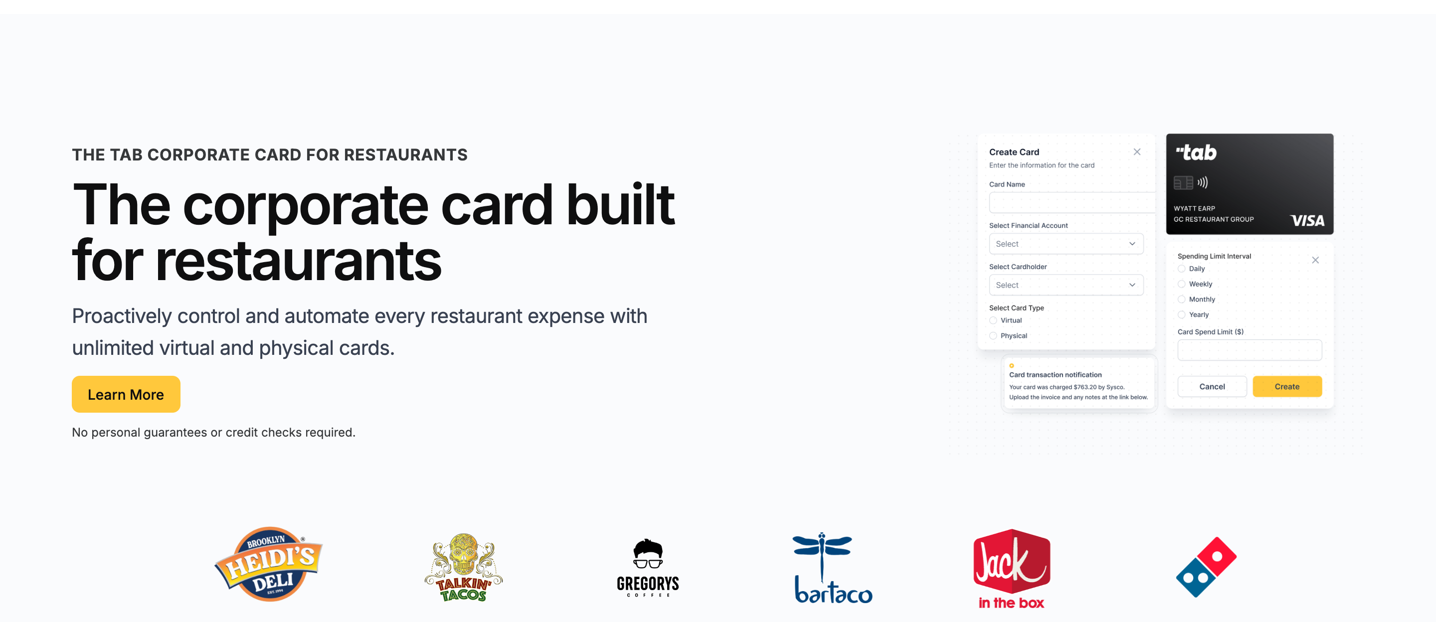 Tab, the corporate card built for restaurants: create-card controls, unlimited virtual and physical cards, no credit check