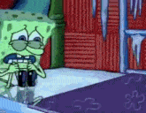 SpongeBob frozen solid and shivering in a block of ice
