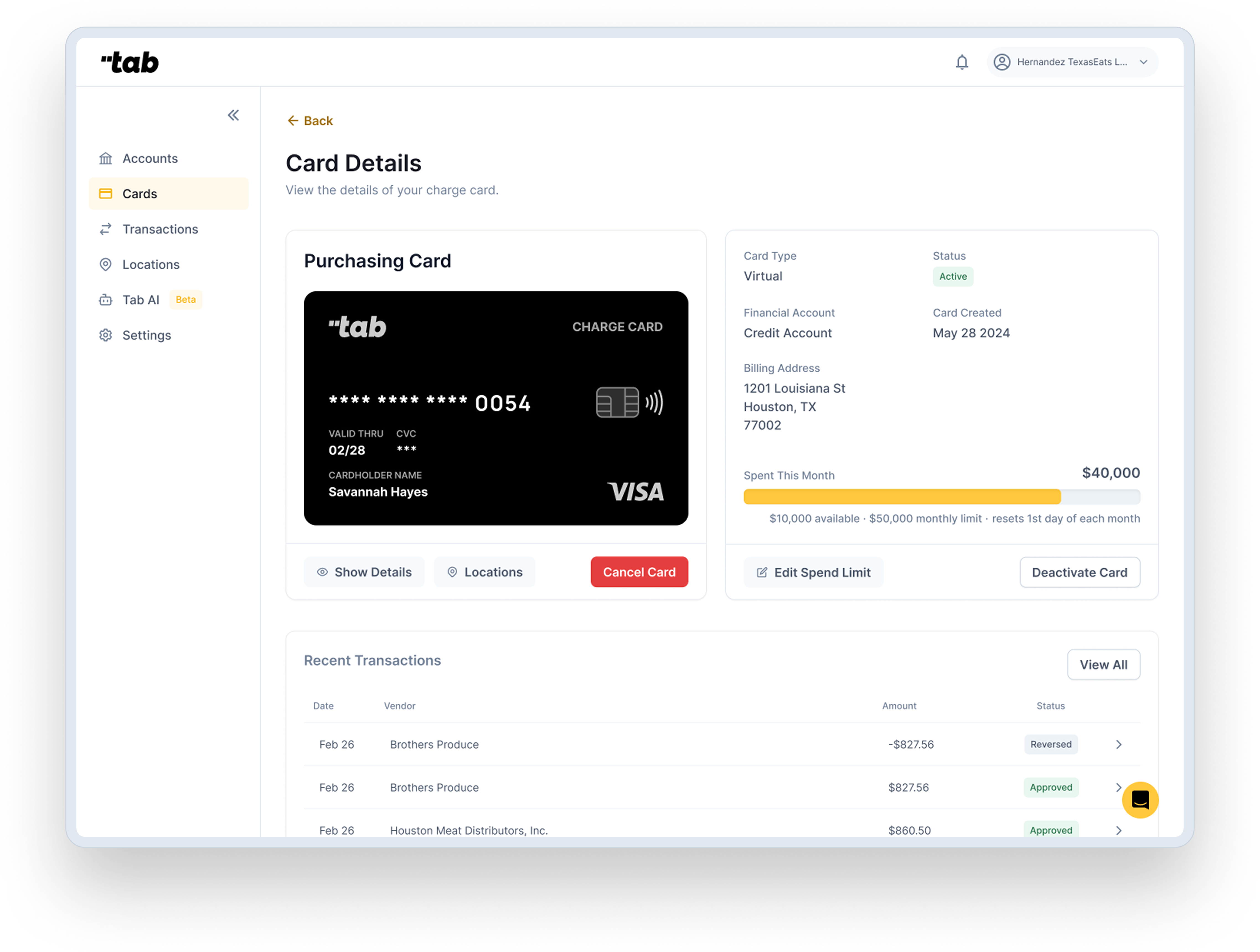 Tab card details screen for a virtual purchasing card showing $40,000 spent against a $50,000 monthly limit and recent transactions from Brothers Produce and Houston Meat Distributors