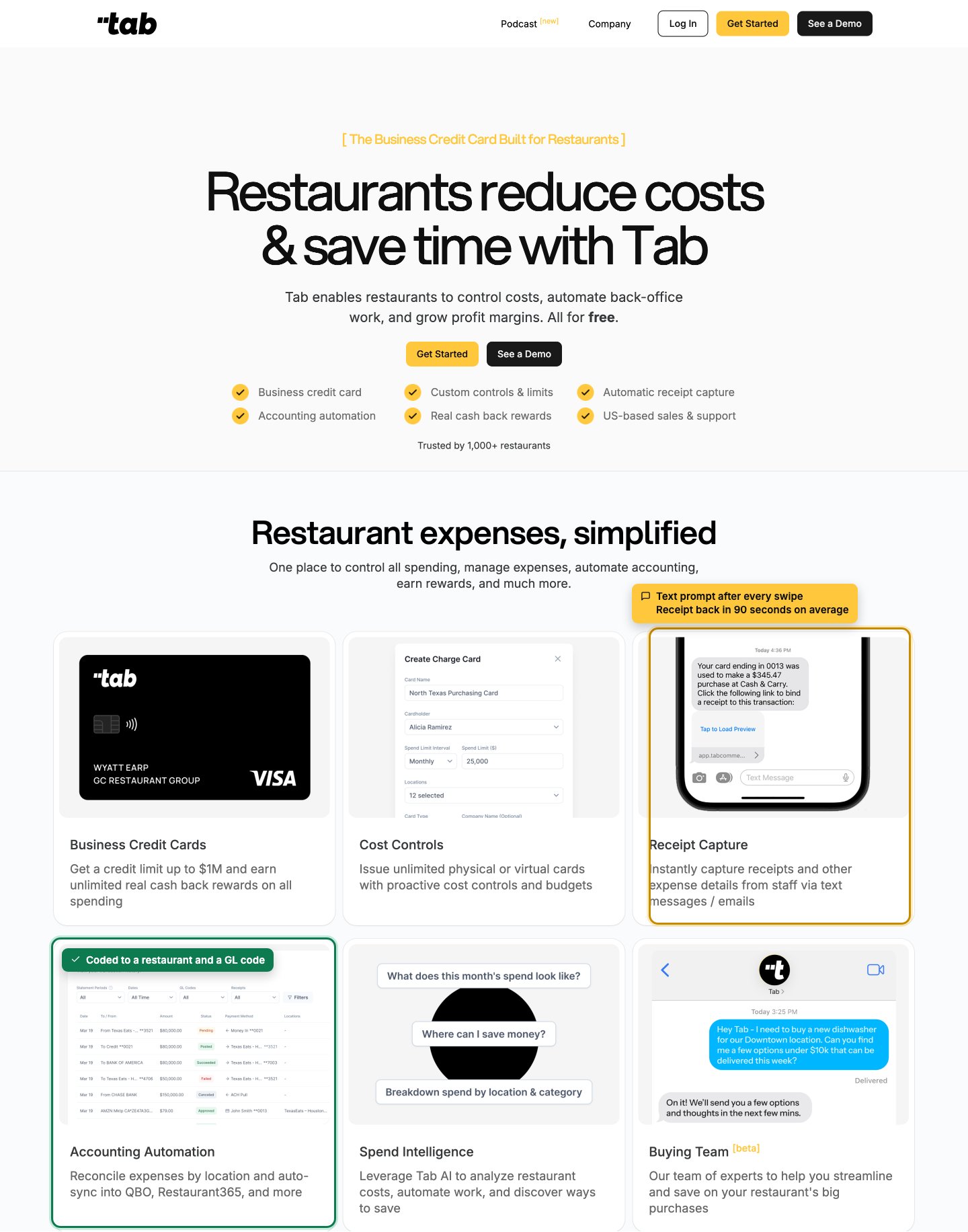 The Tab Commerce card product page, showing the hero and the Receipt Capture and Accounting Automation feature cards, with callouts marking the text prompt after every swipe, receipts back in 90 seconds on average, and purchases coded to a restaurant and a GL code.